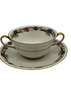 Charles Ahrenfeldt Limoges France Floral Cream Soup Cup Saucer Gold
